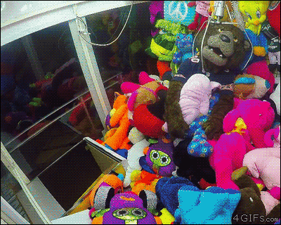 4gifs:  Mascot inside claw machine prank. [video]