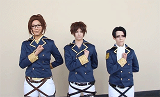 meiryou:   gifs are from x Hanji is goawei, Eren is myself and Levi is vongeist  Context: We were asked to salute but had trouble doing it in synch, so me being the impatient person I am got pretty excited when we finally got it right. I guess the