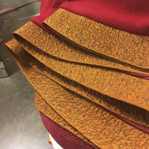 Here is a preview of our take on Dr. Strange’s cape! Red wool exterior, free motion embroidere