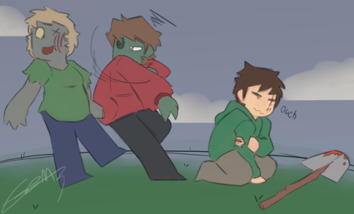 Some doodles of Edd having to deal with his friend being a zombie. 