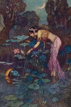  Sita Finds Rama Among Lotus Blooms illustration by Warwick Goble for ”Indian Myth and Legend” by Donald A. Mackenzie (1913) (via) 