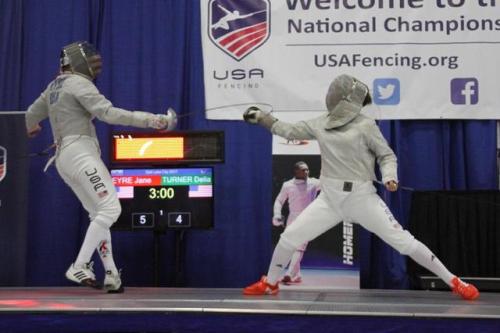 modernfencing:  [ID: a sabre fencer hitting her opponent’s wrist with a counterattack.]Jane Eyre (left) against Delia Turner at 2017 Summer Nationals!