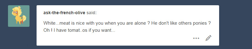 ask-a-colt-and-his-fox: @ask-the-french-olive Don’t take Whitemeat’s pathological