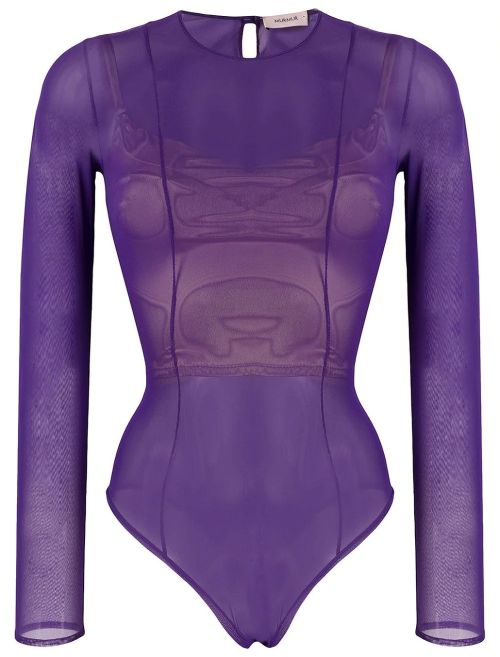 Murmur | Shade • sheer mesh bodysuit in violet + removable satin bustier | Fall Winter 202