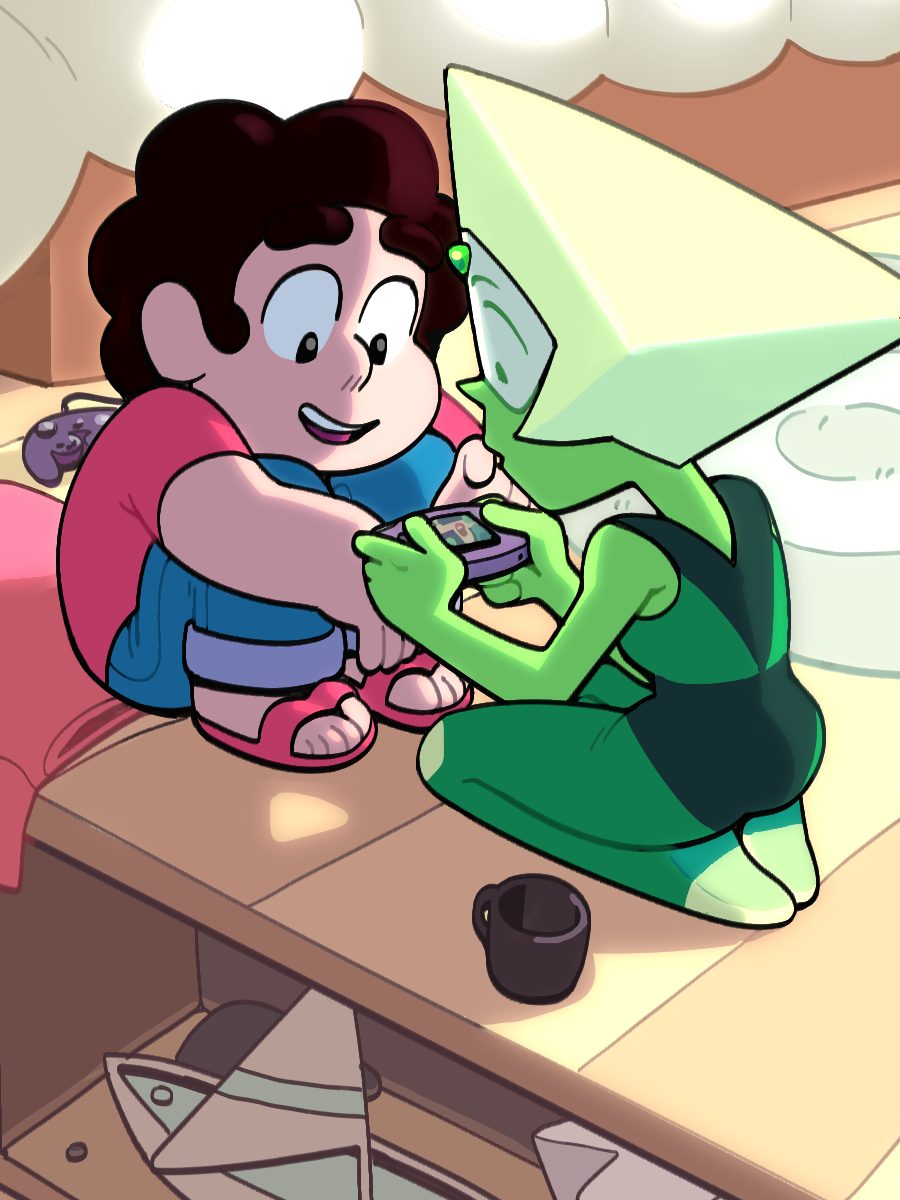 Sitting in his room facing each other, lit by sunlight coming in through the windows, Steven Universe and Peridot play with a Game Boy Advance. Peridot holds the console while Steven sits opposite her, pointing to something on the screen.