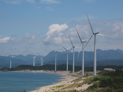 Windmill Cloudy, A Bird was Flying In the Sky In Asari Beach Gotsu-city and Mt.Mitaki Hiroshima-city