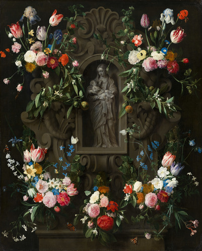 mauritshuis-museum: Garland of Flowers surrounding a Sculpture of the Virgin Mary, Daniël Seghers, 1