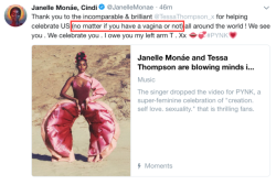 pridebrary: bluearrow126:  Janelle and Tessa acknowledging that not all women have vaginas  + Hints of that in the music video  