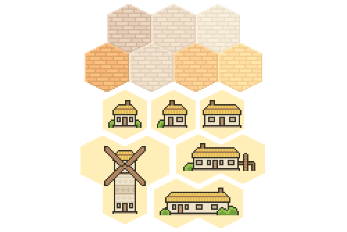 pixelatedcrown:  village tiles and buildings. not the most inspiring designs but I’ve gotta hurry up and finish the base overworld stuff so I can get to the dungeons and monsters before the jam is over!