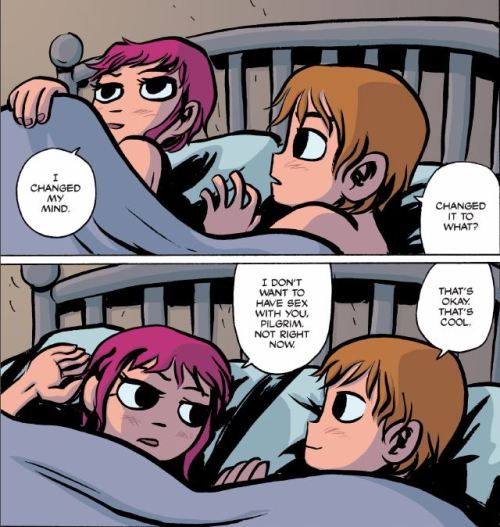 theroguefeminist:   beyondthereachesofmortality:  petahmaximoff:  How to react when a girl tells you she’s changed her mind - A guide by Scott Pilgrim  Am I the only one reading this more like “How to react when your partner is giving you signs that
