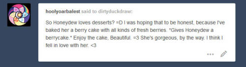 dirtyduckdraw:  And she fell in love with.. the berry cake. Until she destroyed it.Honeydew : “BUUURRRP! …’scuse me.”