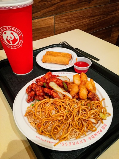 everybody-loves-to-eat:Panda Express plate with half rice, half chow mein, honey
