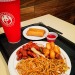everybody-loves-to-eat:Panda Express plate with half rice, half chow mein, honey