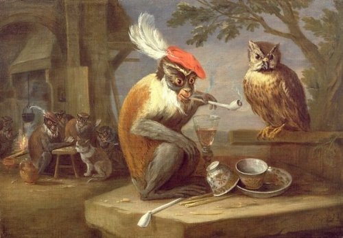 A Monkey Smoking And Drinking With An Owl by Ferdinand Van Kessel, 17th century