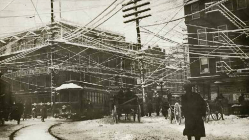 New York City in the late 19th century, back before cities started burying telephone lines and other