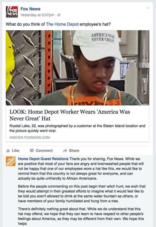 lumos5001:  etherealgyal:  America was never great.  this pleases me greatly   Is the Home Depot reply real? If so that’s dope as shit.
