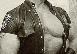 Muscle cop reveals his huge nipples.  For more gay nippleplay, visit Nipple Pigs