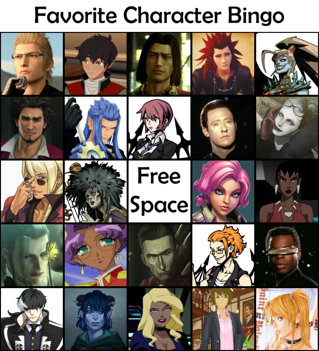 if you were wondering lmao #saw that people were posting these wanted to post mine  #i think most of my mutuals have already seen this... i swapped out a bunch of characters cause i thought of ones i liked more  #from stuff that isnt always on my mind  #as you can tell im a big fan of goths blondes the color red men who are polite vain or any combination of the two  #and women who id thank for stepping on my trachea  #favorite character bingo #ranting