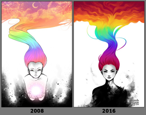 Side-by-side comparison of my new “Colors Of The Mind” piece. I did a “draw this again” from 2008! P