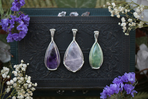 Beautiful amethyst, rose quartz and prehnite pendants in sterling silver handmade by me.Available at