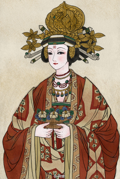 Portraits of several of the female Buddhist donors depicted in the famous Dunhuang Murals from the M