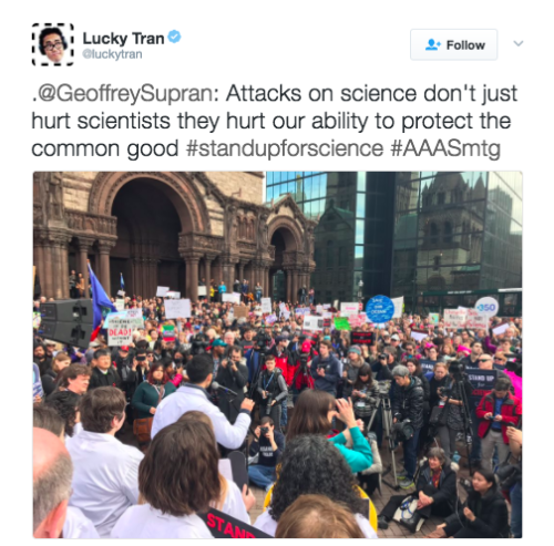 rabbitindisguise:  refinery29:  The Stand Up for Science protest today proved that any time a massive group of scientists gets together to tell you something you should pay attention The Boston Globe reports that hundreds assembled in Copley Square to