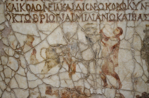 greek-museums:Museum of the Roman Forum (Thessaloniki):Encaustic(?) painting on a marble slab that a