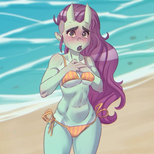  . #shy #sidecut #bikini #beach #beauty #horns #orcgirl #demongirl #strand #meer #germanillustrator 