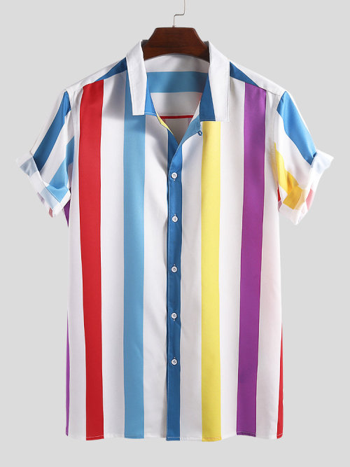 colorfultimetravelbeard: Cool Rainbow Striped Patch Pocket Casual Short Sleeve Shirts Check out HERE