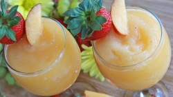 partyteacher:  Moscato Peach Wine SlushiesIngredients &amp; Measurements:1 bottle Moscato Wine (Barefoot is my favorite)2 cups Frozen Peaches&frac12; cup Powdered SugarInstructions:Add frozen peaches, sugar, and a few splashes of moscato in a blender.