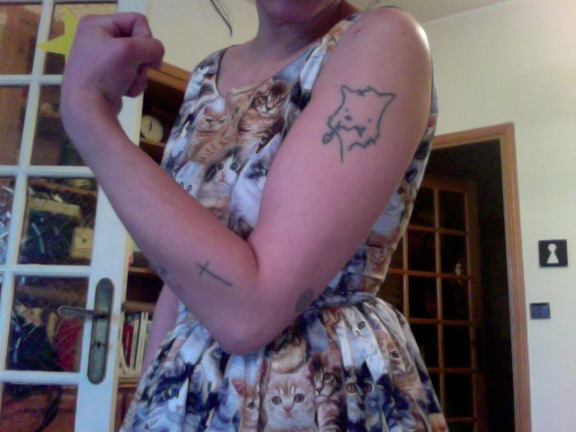 sequinsandstainz:  Made this darling little thing today! Kitty Cat Sundress!!!!!