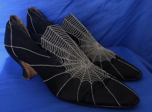 the-shortest-alligator: vintage 1920s black silk shoes with silver embroidered spider web from Brigh