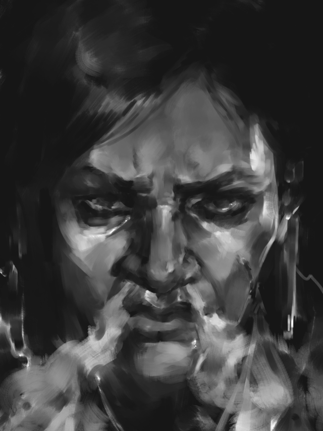 close-up black and white painting of sevika hunched over in a black background, trying to hide pain in her face as she snorts out two lines of smoke.