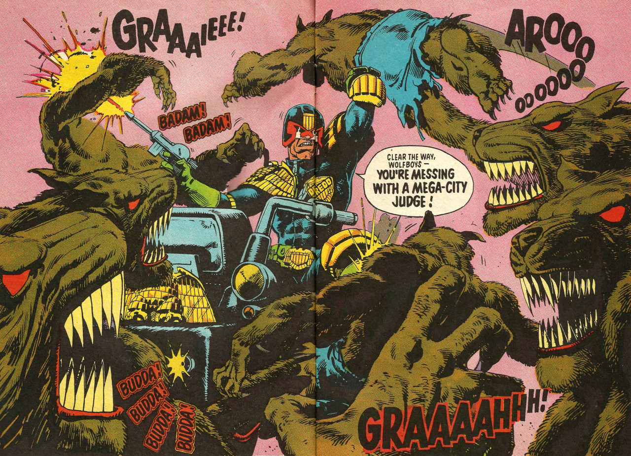 Double-page spread from Judge Dredd No. 2 (Quality Comics, 1986). Art by Steve Dillon,