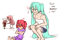 a messy doodle of hatsuneluka&rsquo;s version of negitoro children v u v (pay no attention to the lack of good anatomy here~*~*~) (( miku-mama is teasing sakura and luka-mama is asking toeto for her hat so she can wash it pdfGDF))