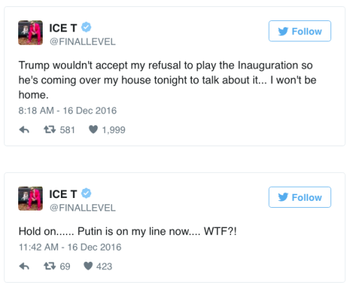 the-movemnt:Ice T just trolled the internet hard with this Trump inauguration jokefollow @the-movemn
