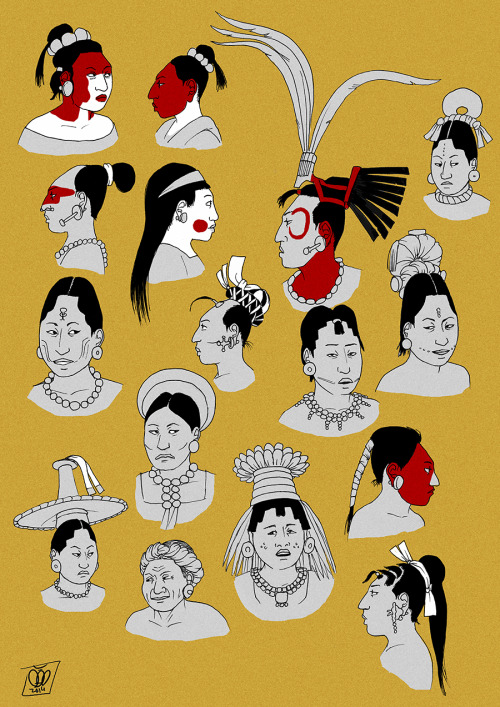 dapart:Maya women hairstyles and headwear in the Classic period (c.600-900). Based on primary source