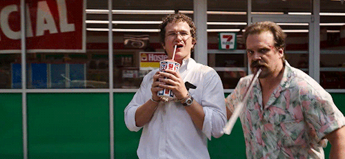 davidharboursource:David Harbour as Jim Hopper and Alec Utgoff as Alexei in Stranger Things S3