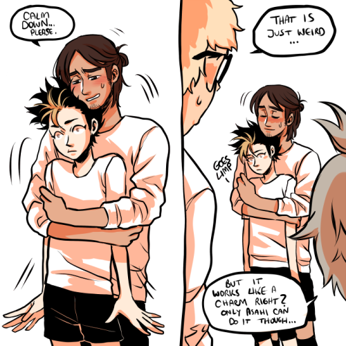 zombiezeemo:  I headcanon that Asahi has a very calming effect on Noya (to hilarious levels I guess) You can totally see where exactly I got tired 
