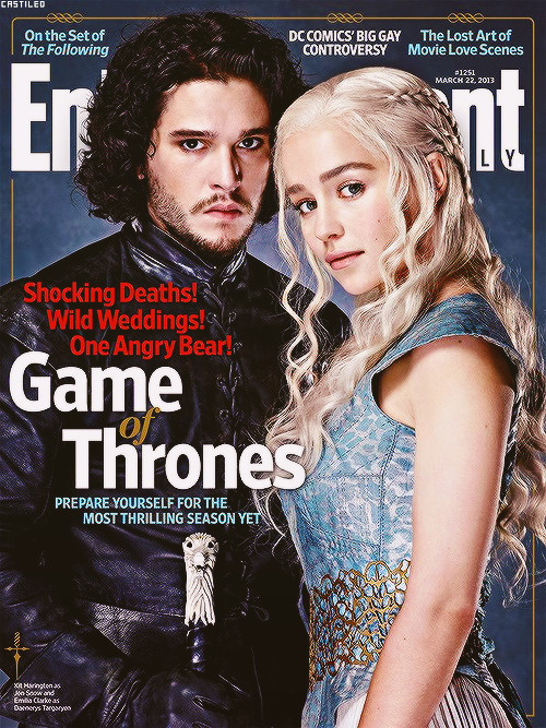 tazzysnow:  Jon Snow(Kit Harington), Daenerys Targaryen(Emilia Clarke), Ygritte(Rose Leslie) and Robb Stark(Richard Madden) in this week’s(March 22nd 2013) Entertainment Weekly magazine! 
