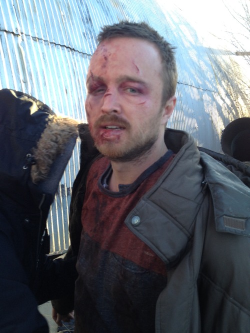 ohyeeeahman: Aaron Paul all busted up on set during the filming of S05E14 Ozymandias.  Photo cr
