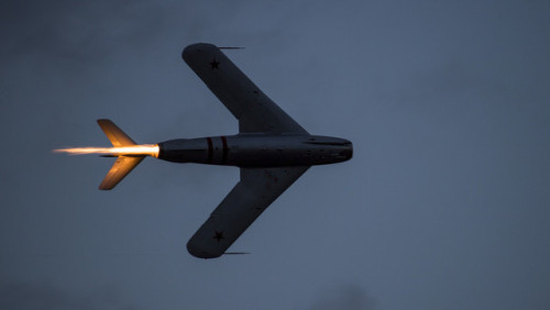 enrique262:retrowar:A MiG-17F performs an aerial maneuver during the Twilight Show at Barksdale Air 