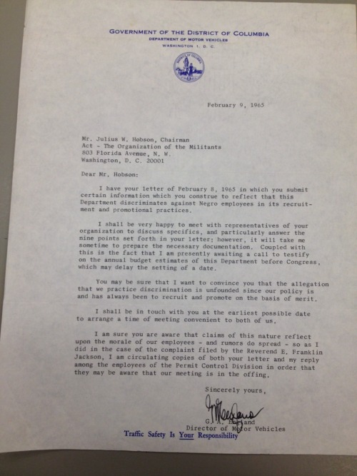 ACT Attempts To End Employment Discrimination At The DC DMV, February 1965.