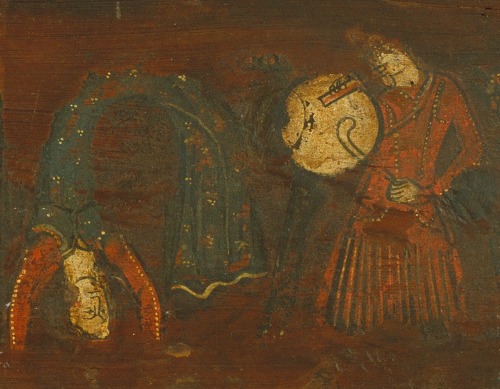 circa 1300, Cataloniadetails of a ceiling panel:1. a couple playing a board game2. a musician (male)