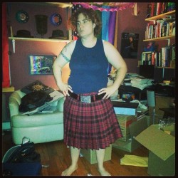 Mary trying on her wedding kilt