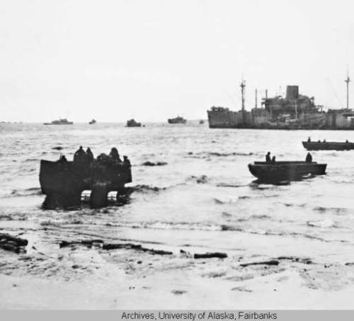 American troops and equipment landing on Amchitka Island (1942 –45).