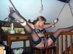 Nice! Your average, cute little blond slutwife, bound in her home. She is spread wide and her pussy is exposed. She doesn&rsquo;t like hubby photographing her and posting the images on the web, but she knows that she has no choice in the matter. She is