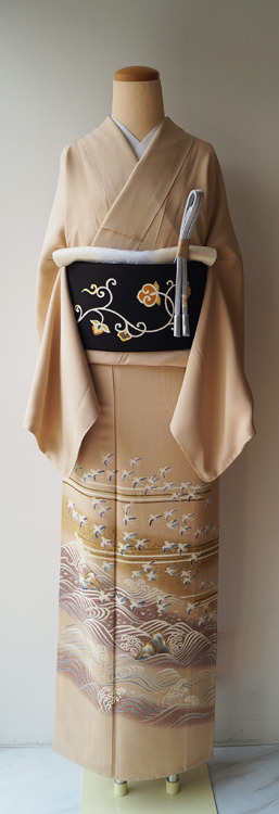 Super elegant namichidori (plovers on the waves) irotomesode kimono, paired with classy phoenix and 