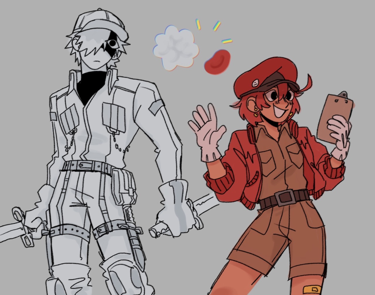 drawing of U-1146 and AE3803. white blood cell's clothes are altered so he has a black turtleneck under his suit, chains, and gloves. redd blood cell's clothes are altered so she is wearing a brown shirt and shorts, gold heart earrings, and heart monitor pulse lines on her jacket