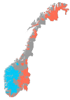 Map of the official language forms of Norwegian municipalities as of 2007.
Norway, a country of 5 million people, has 2 official written spellings/dialects, Bokmål & Nynorsk. Failed attempts to merge them over time mean that a spectrum between them...